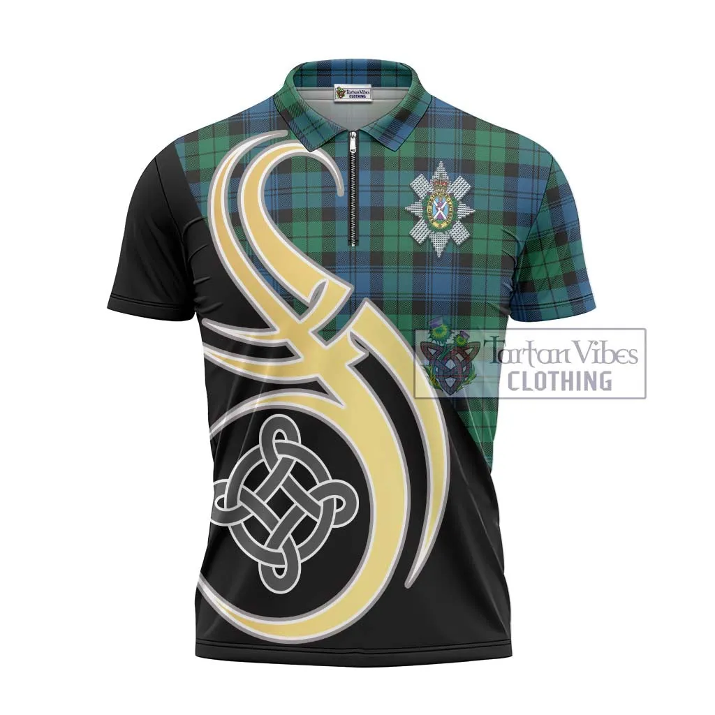 Black Watch Ancient Tartan Zipper Polo Shirt with Family Crest and Celtic Symbol Style