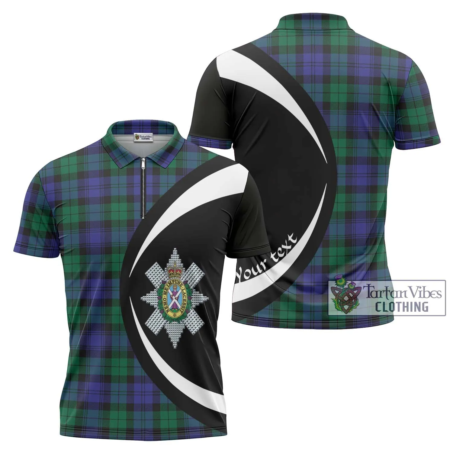 Black Watch Modern Tartan Zipper Polo Shirt with Family Crest Circle Style