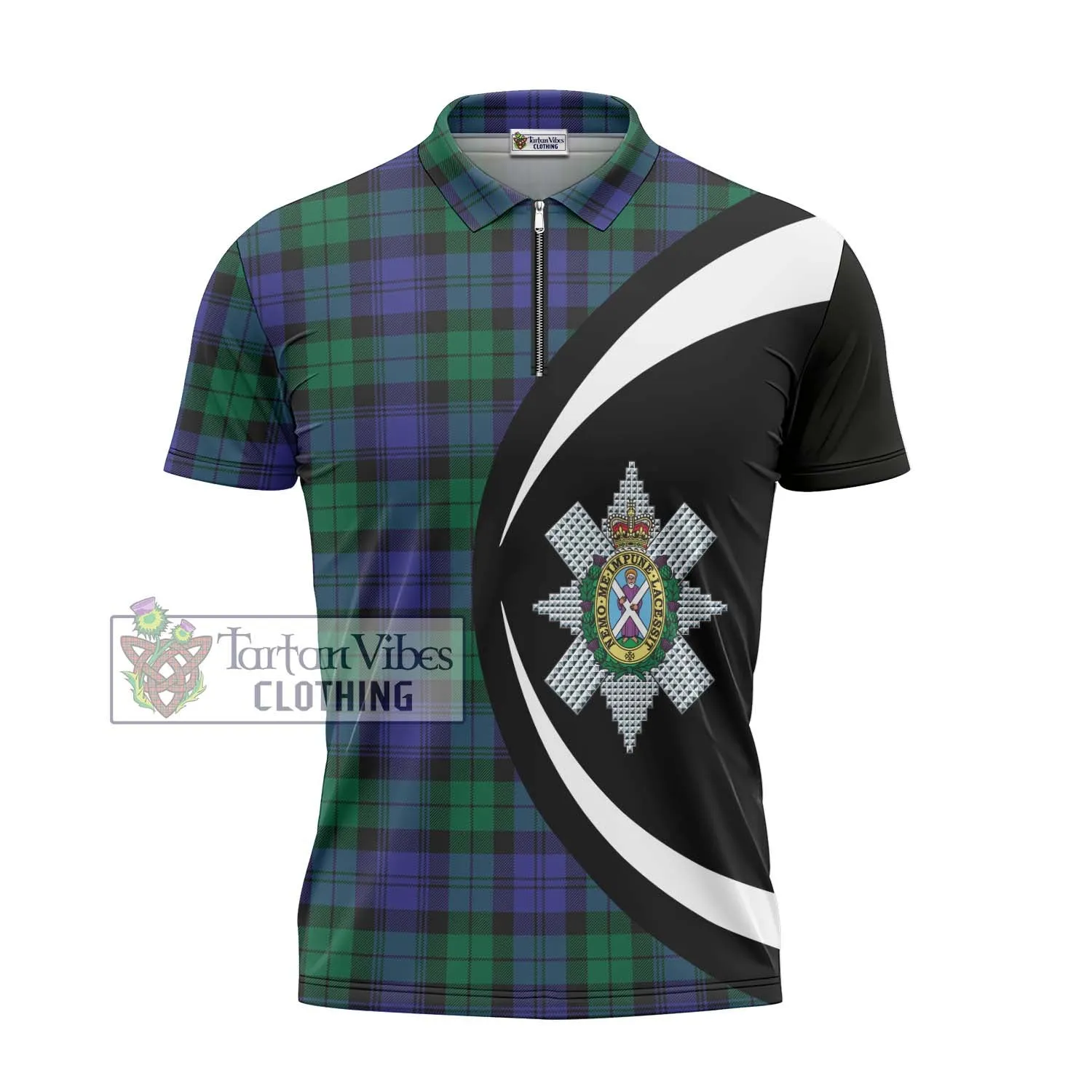 Black Watch Modern Tartan Zipper Polo Shirt with Family Crest Circle Style