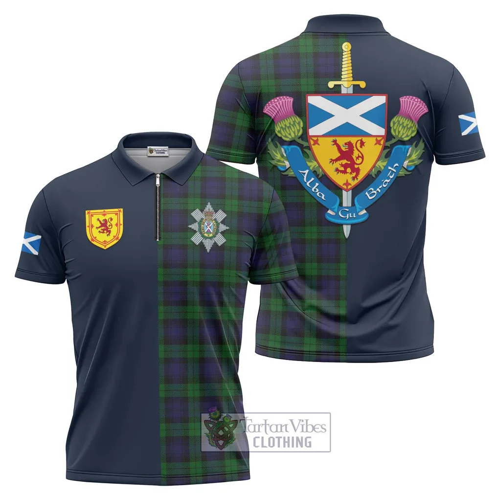 Black Watch Tartan Zipper Polo Shirt Alba with Scottish Lion Royal Arm Half Style