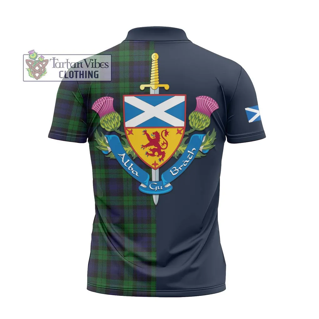 Black Watch Tartan Zipper Polo Shirt Alba with Scottish Lion Royal Arm Half Style