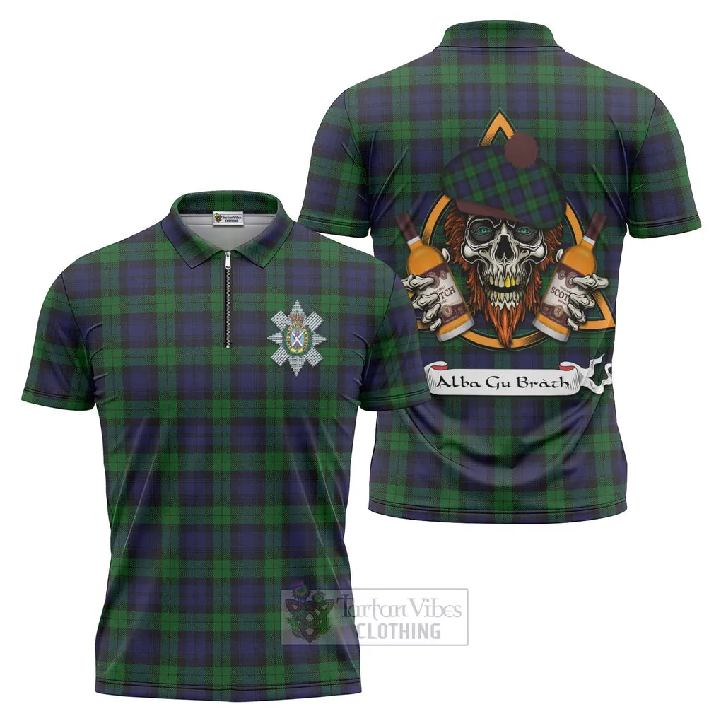 Black Watch Tartan Zipper Polo Shirt with Family Crest and Bearded Skull Holding Bottles of Whiskey