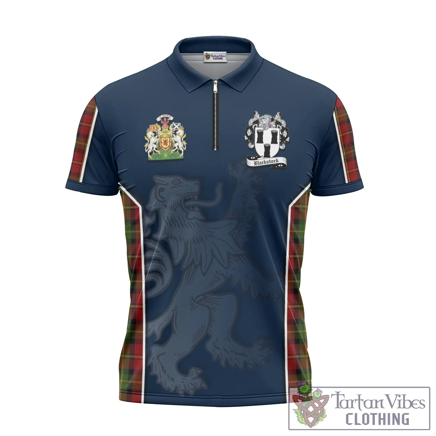 Blackstock Red Dress Tartan Zipper Polo Shirt with Family Crest and Lion Rampant Vibes Sport Style