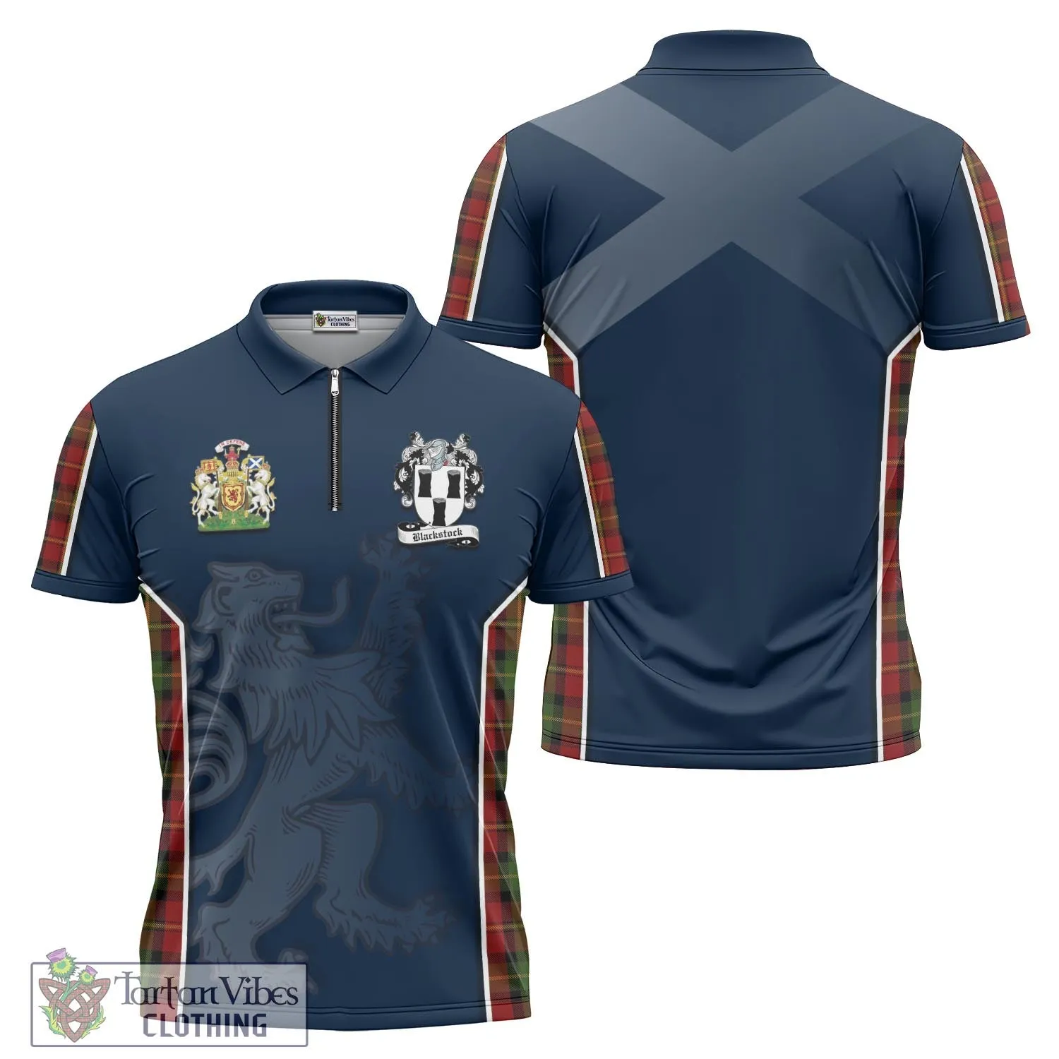 Blackstock Red Dress Tartan Zipper Polo Shirt with Family Crest and Lion Rampant Vibes Sport Style