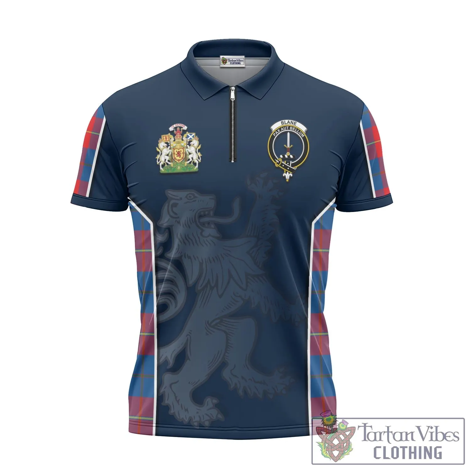 Blane Tartan Zipper Polo Shirt with Family Crest and Lion Rampant Vibes Sport Style