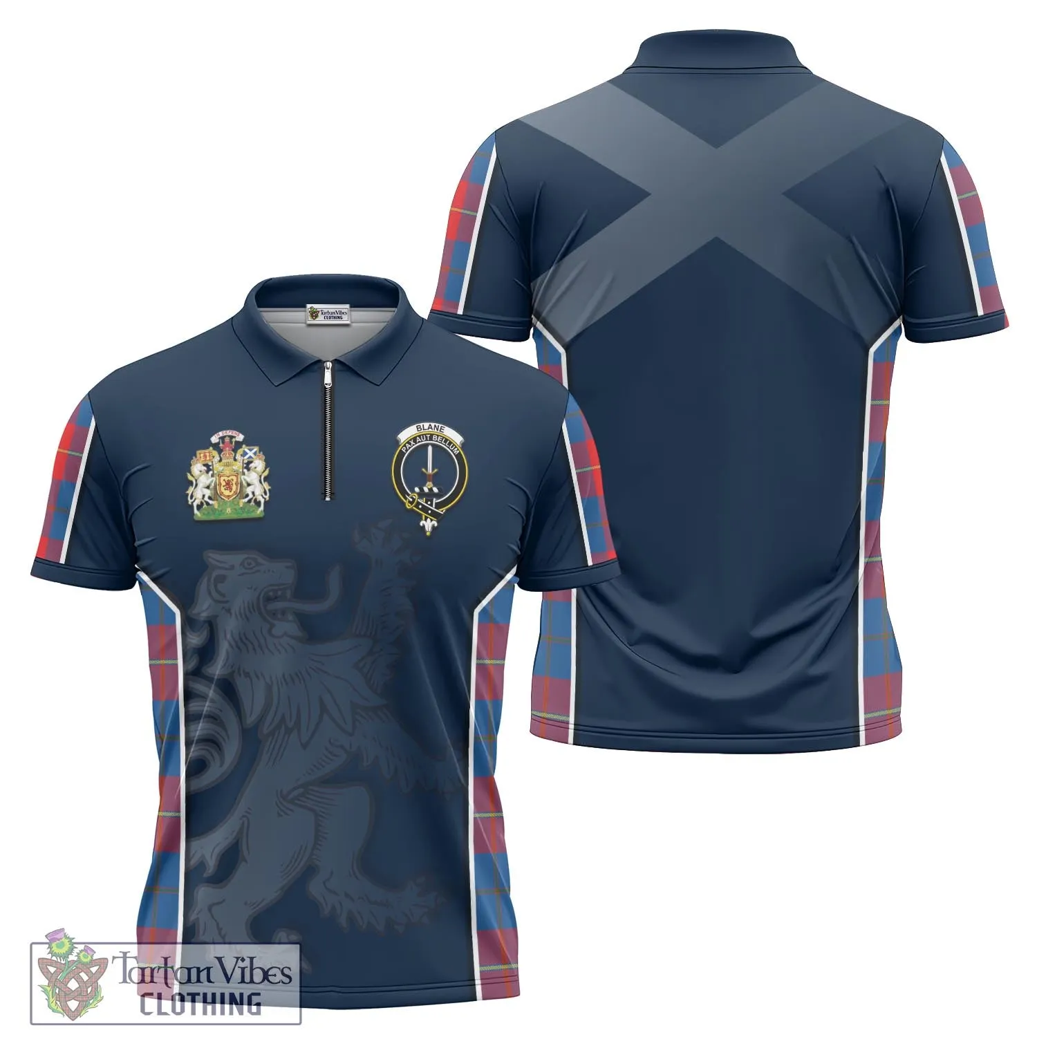 Blane Tartan Zipper Polo Shirt with Family Crest and Lion Rampant Vibes Sport Style