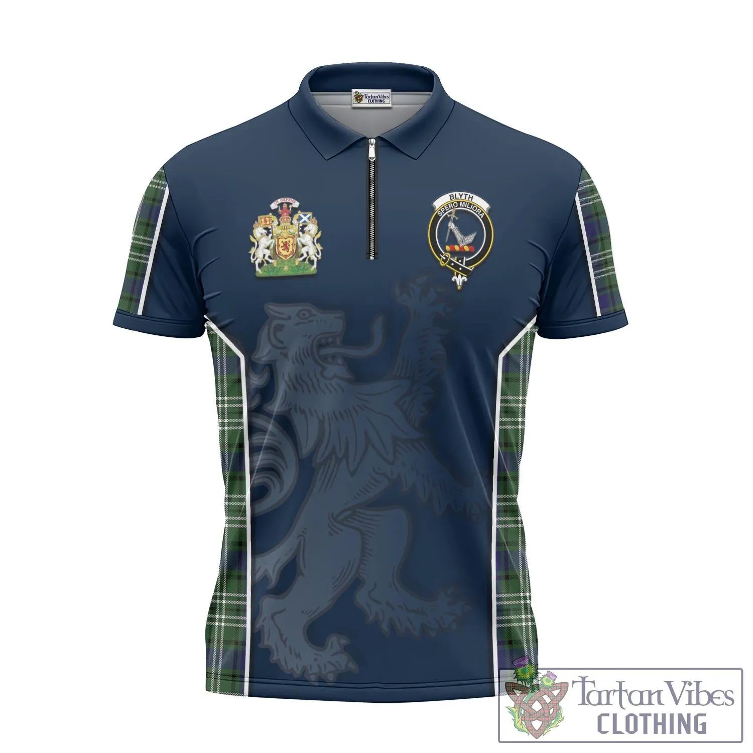 Blyth Tartan Zipper Polo Shirt with Family Crest and Lion Rampant Vibes Sport Style