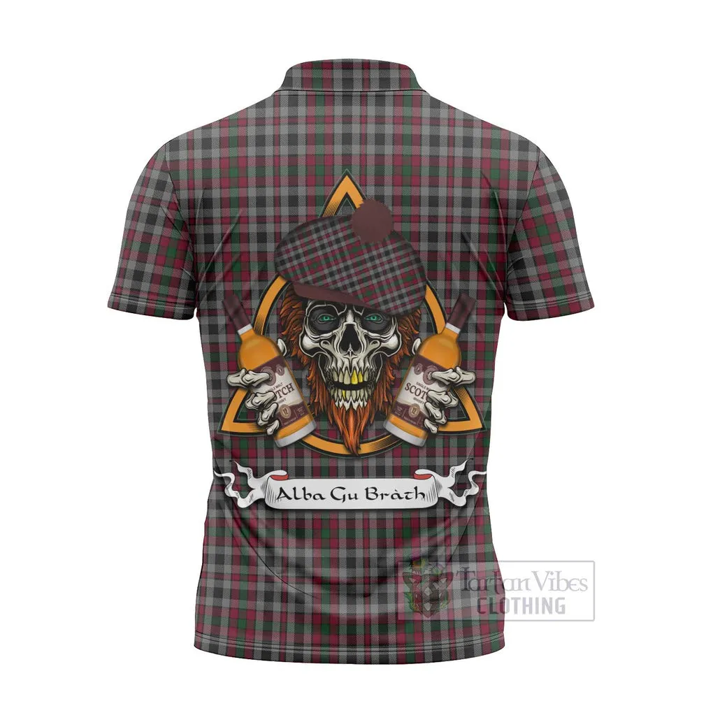 Borthwick Tartan Zipper Polo Shirt with Family Crest and Bearded Skull Holding Bottles of Whiskey