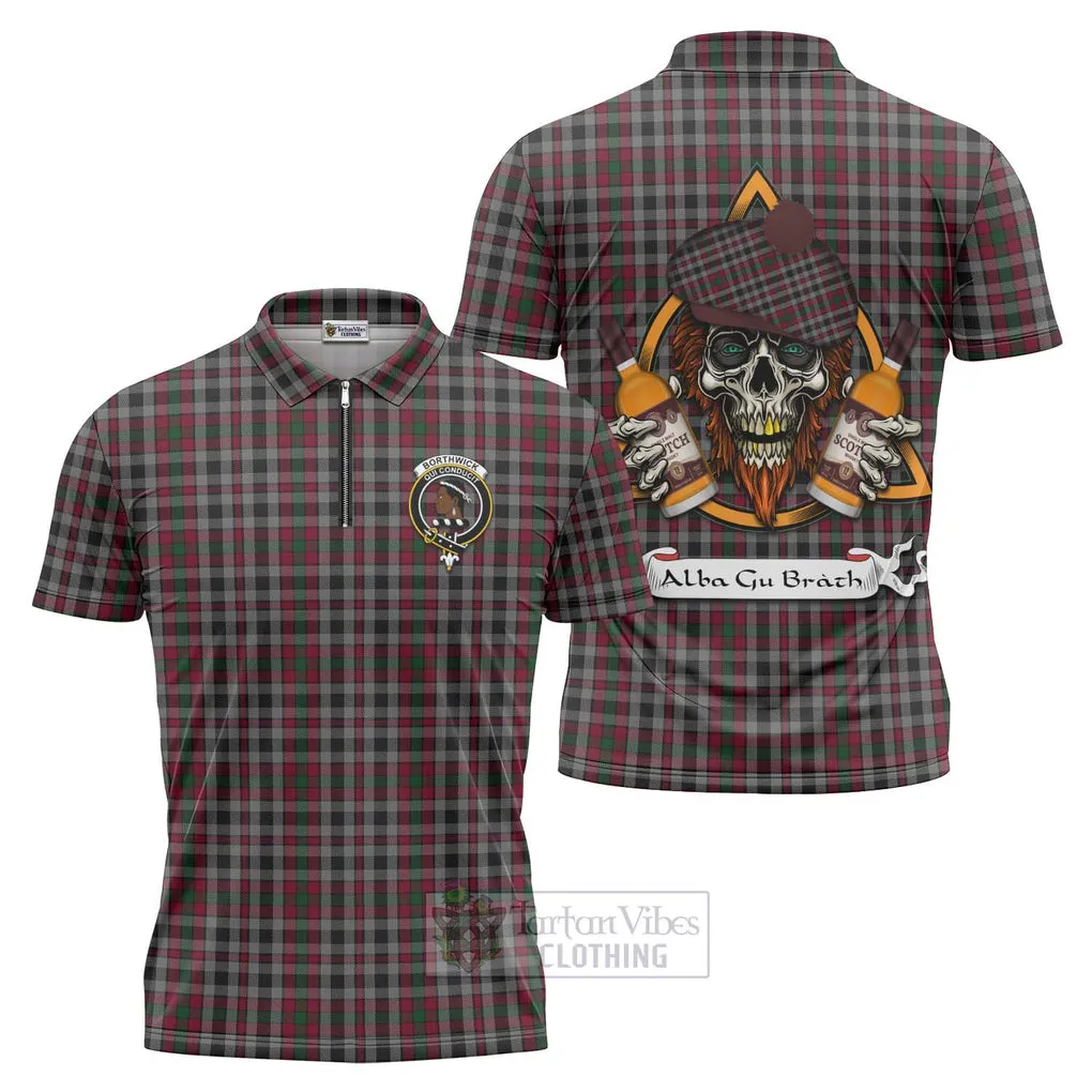 Borthwick Tartan Zipper Polo Shirt with Family Crest and Bearded Skull Holding Bottles of Whiskey