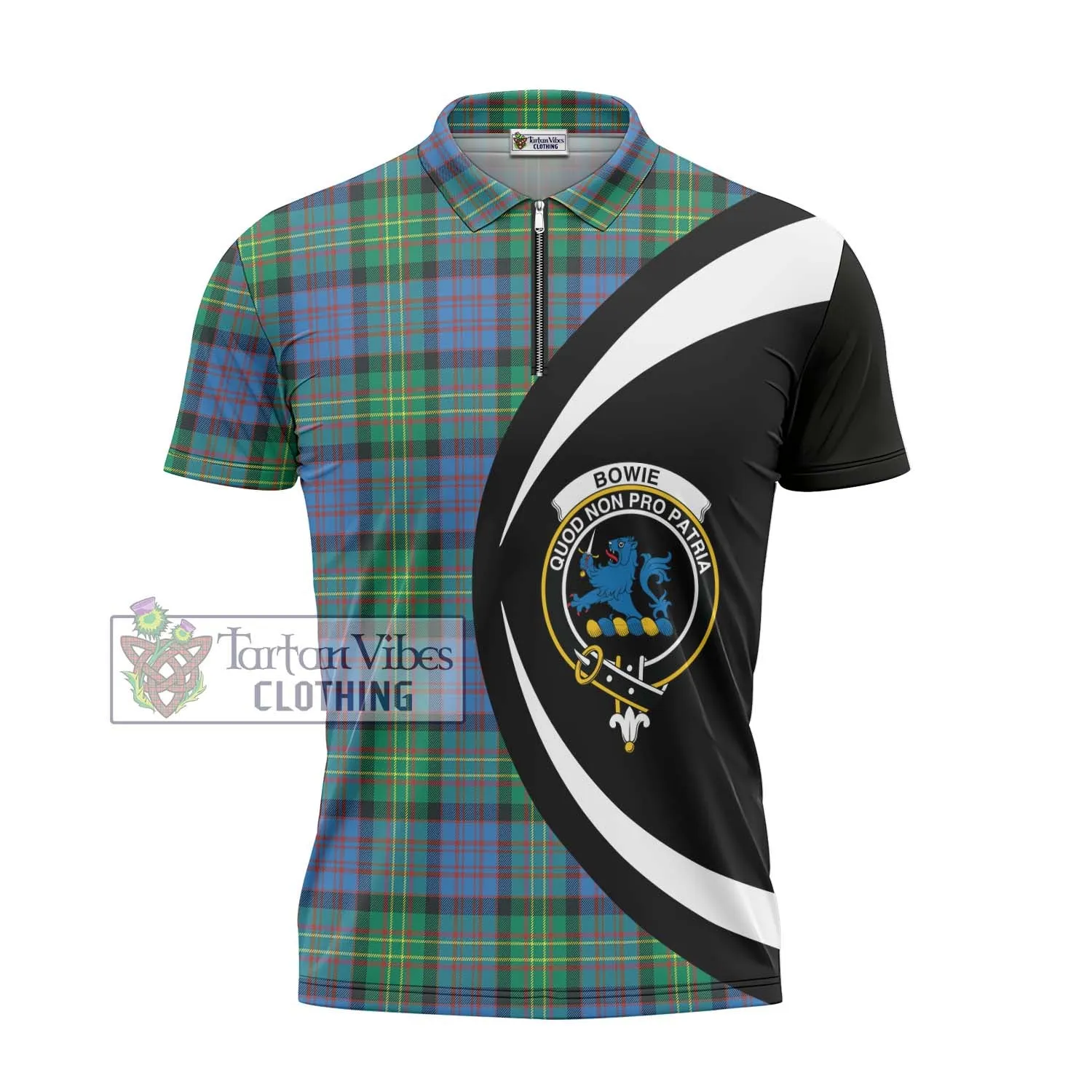 Bowie Ancient Tartan Zipper Polo Shirt with Family Crest Circle Style