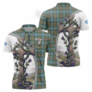 Brisbane Tartan Zipper Polo Shirt with Family Crest and St. Andrew's Cross Accented by Thistle Vines