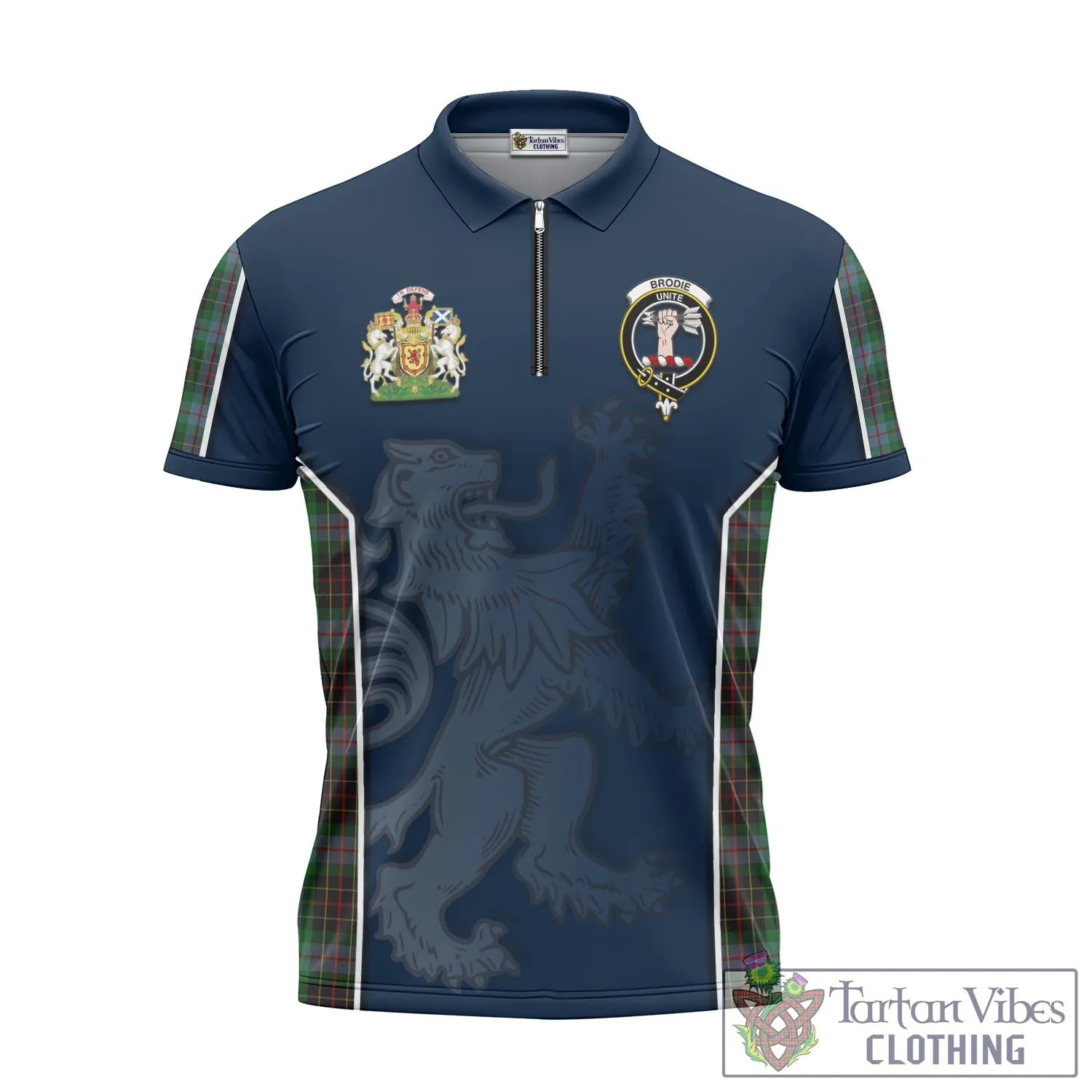 Brodie Hunting Tartan Zipper Polo Shirt with Family Crest and Lion Rampant Vibes Sport Style