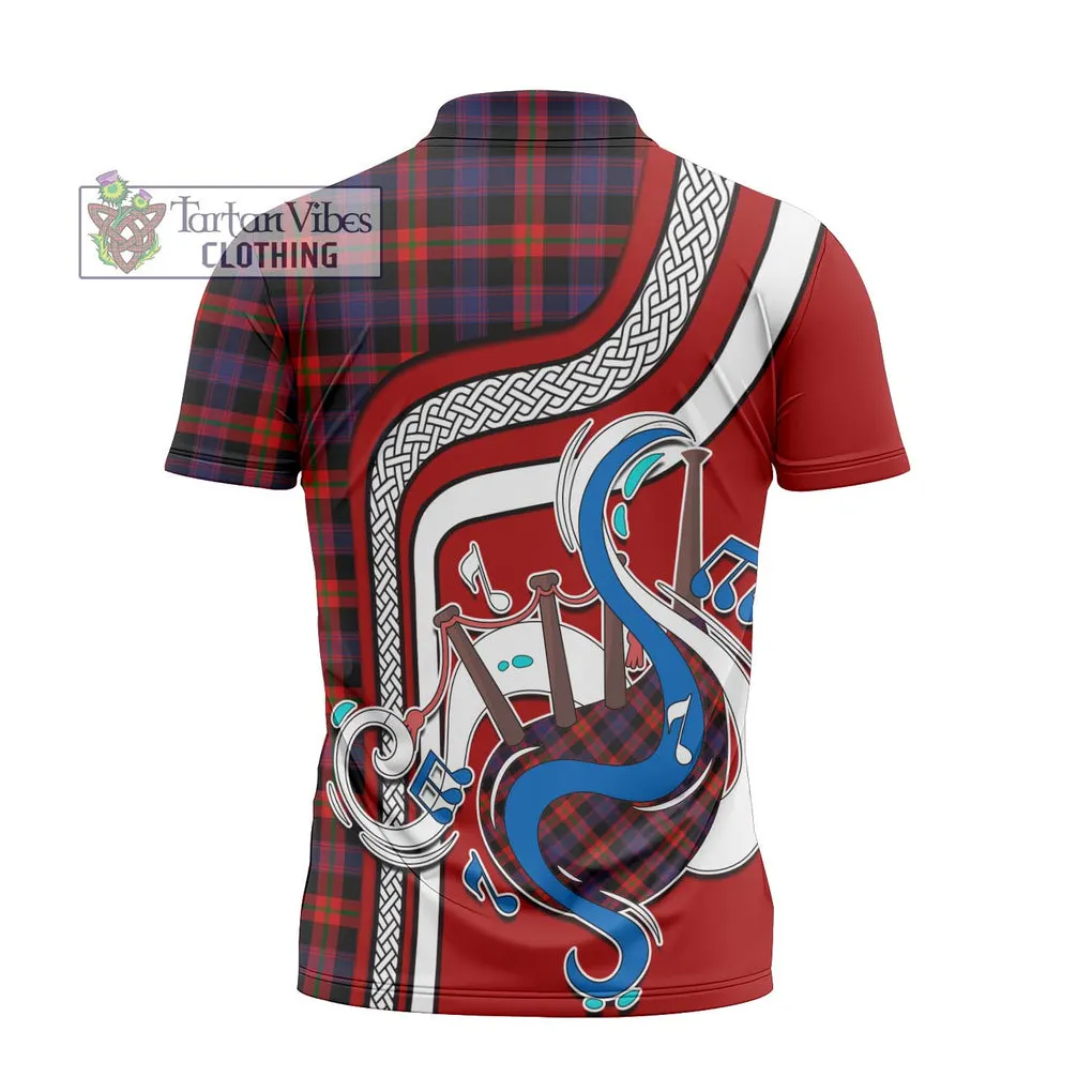 Broun Modern Tartan Zipper Polo Shirt with Epic Bagpipe Style