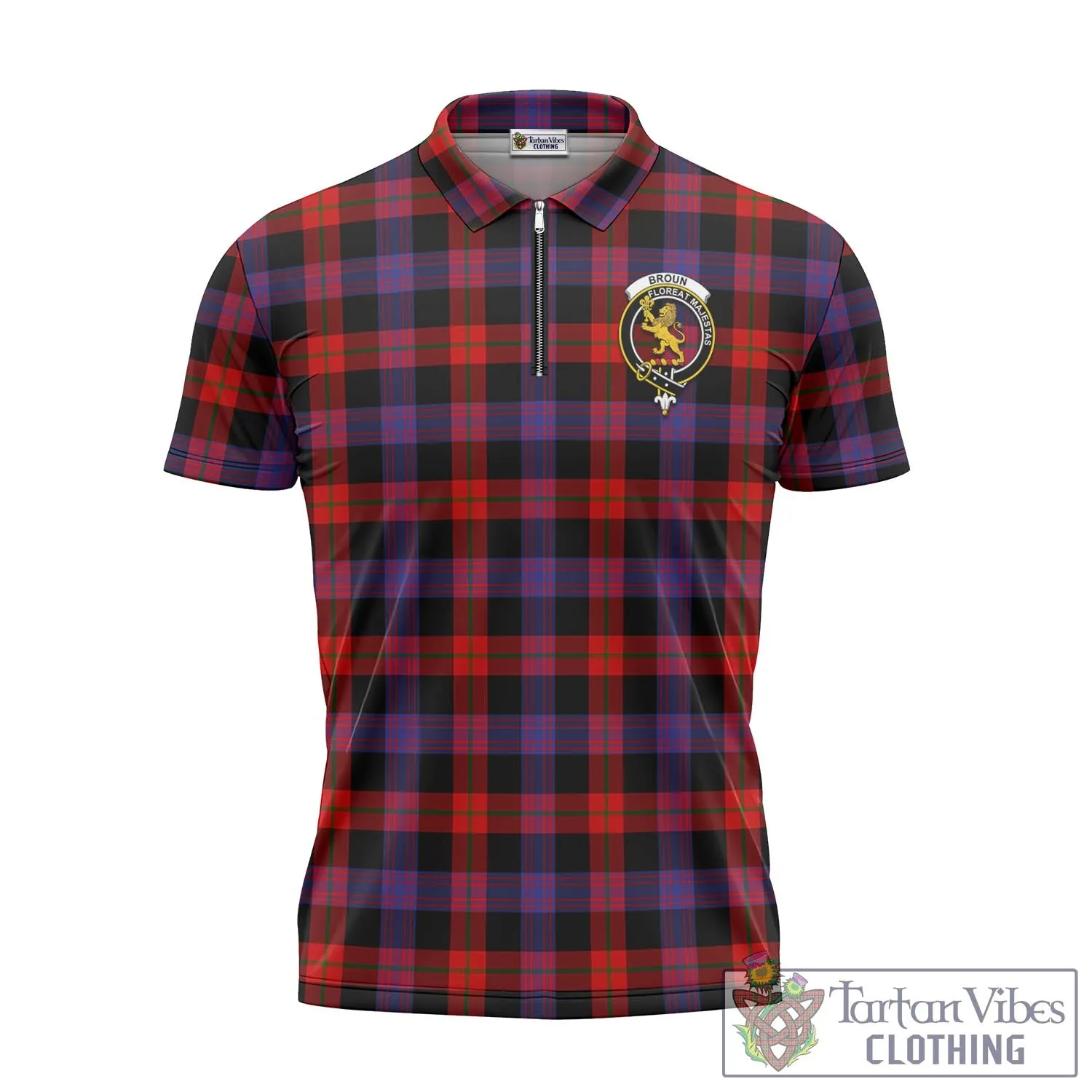 Broun Modern Tartan Zipper Polo Shirt with Family Crest