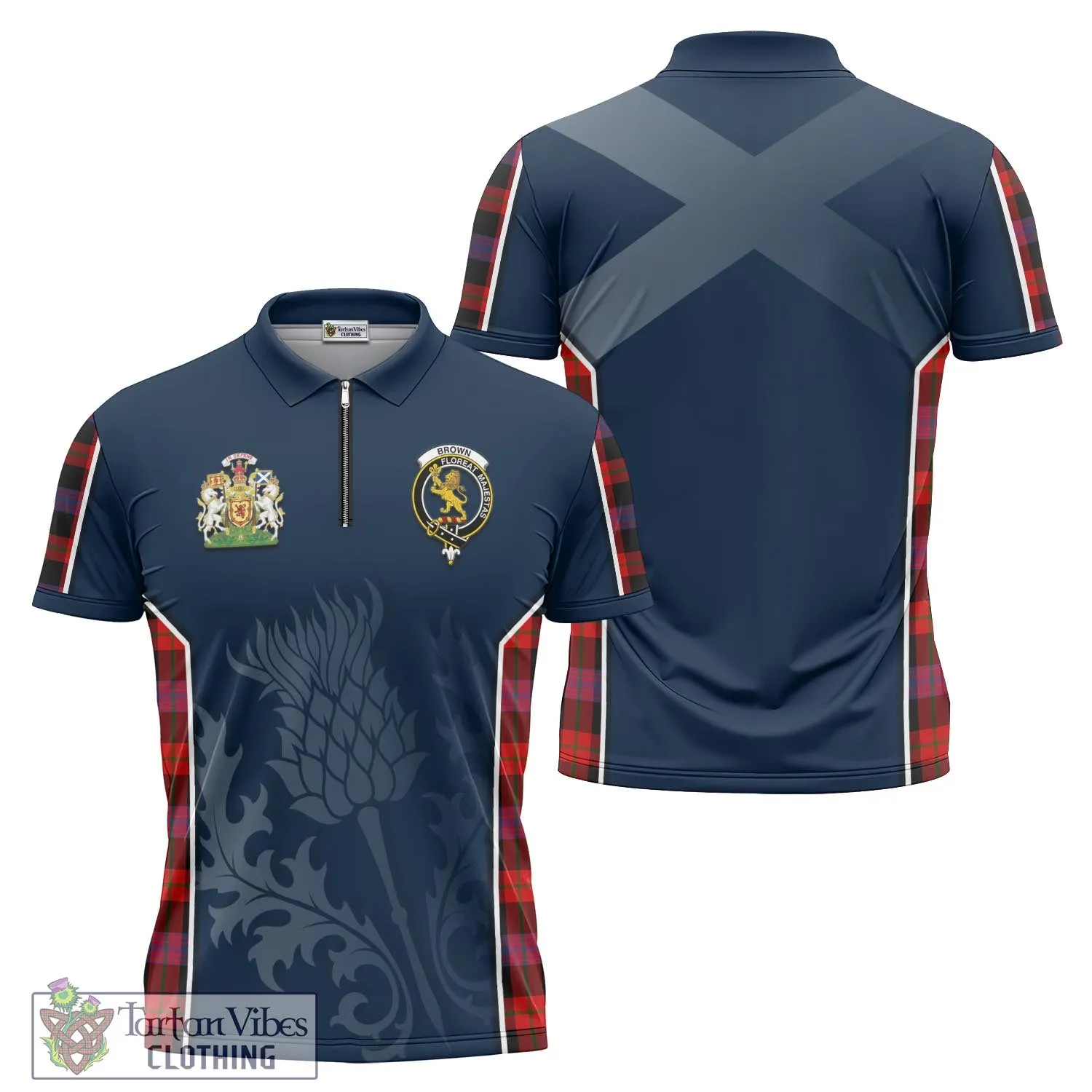 Brown (Broun) Tartan Zipper Polo Shirt with Family Crest and Scottish Thistle Vibes Sport Style