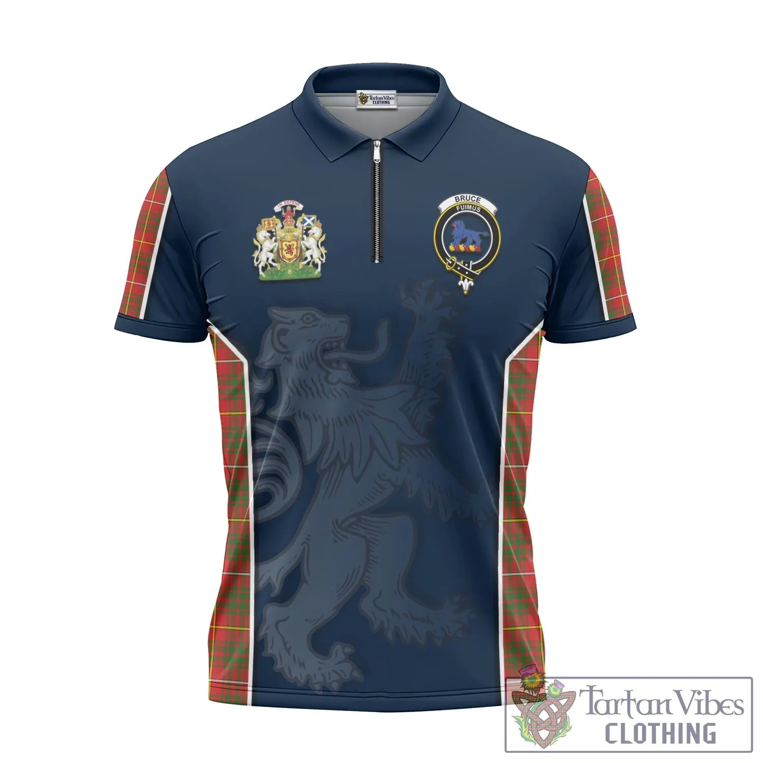 Bruce Modern Tartan Zipper Polo Shirt with Family Crest and Lion Rampant Vibes Sport Style