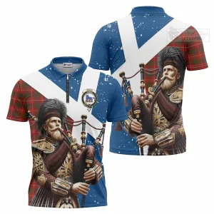 Bruce Tartan Zipper Polo Shirt with Family Crest Scottish Bagpiper Vibes