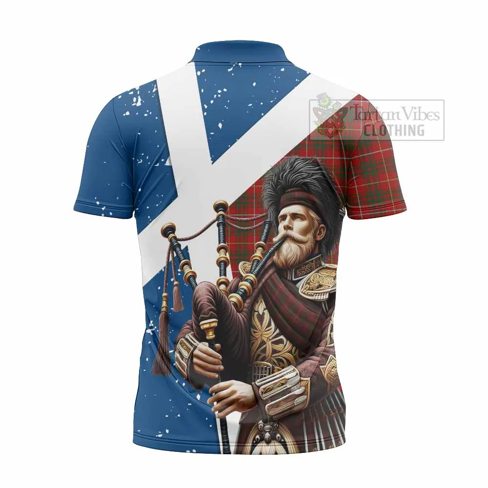 Bruce Tartan Zipper Polo Shirt with Family Crest Scottish Bagpiper Vibes