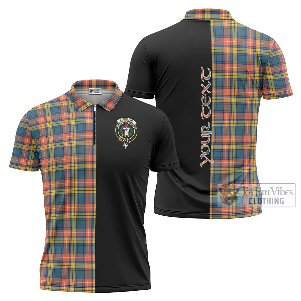 Buchanan Ancient Tartan Zipper Polo Shirt with Family Crest and Half Of Me Style