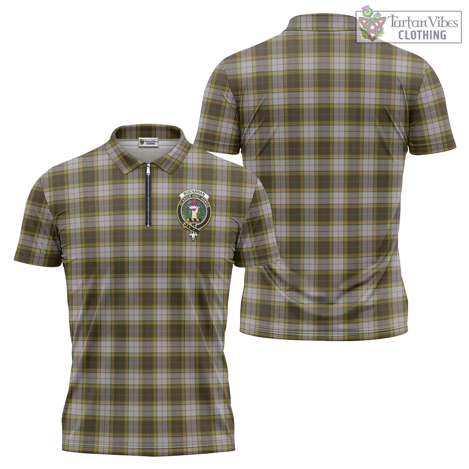 Buchanan Dress Tartan Zipper Polo Shirt with Family Crest