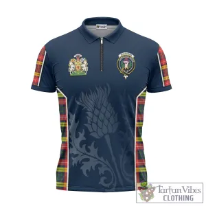 Buchanan Modern Tartan Zipper Polo Shirt with Family Crest and Scottish Thistle Vibes Sport Style