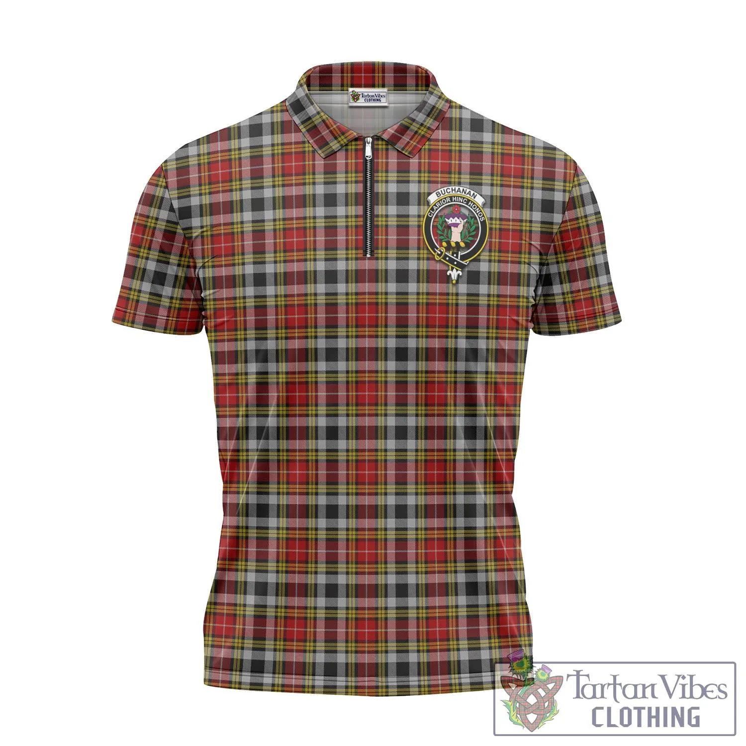 Buchanan Old Dress Tartan Zipper Polo Shirt with Family Crest