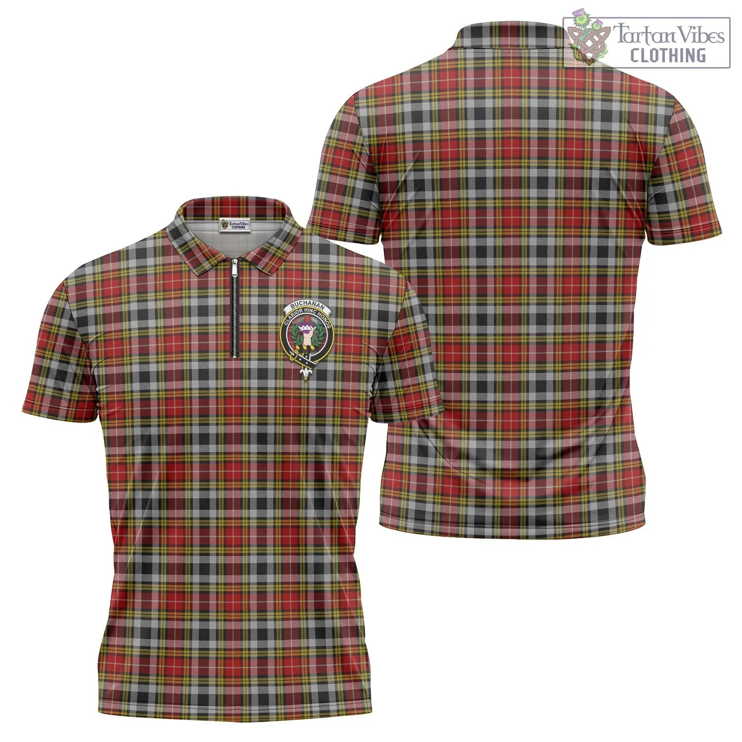 Buchanan Old Dress Tartan Zipper Polo Shirt with Family Crest