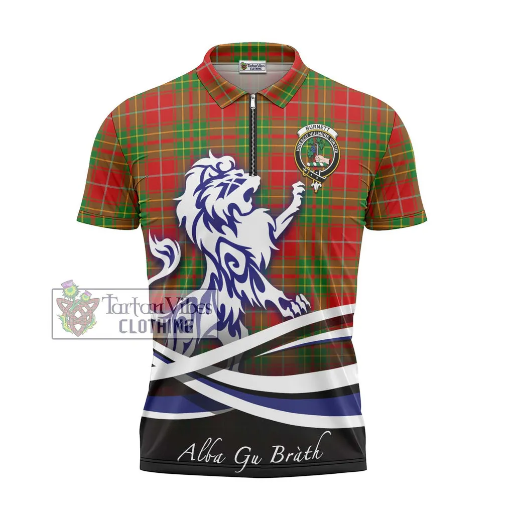 Burnett Tartan Zipper Polo Shirt with Alba Gu Brath Regal Lion Emblem