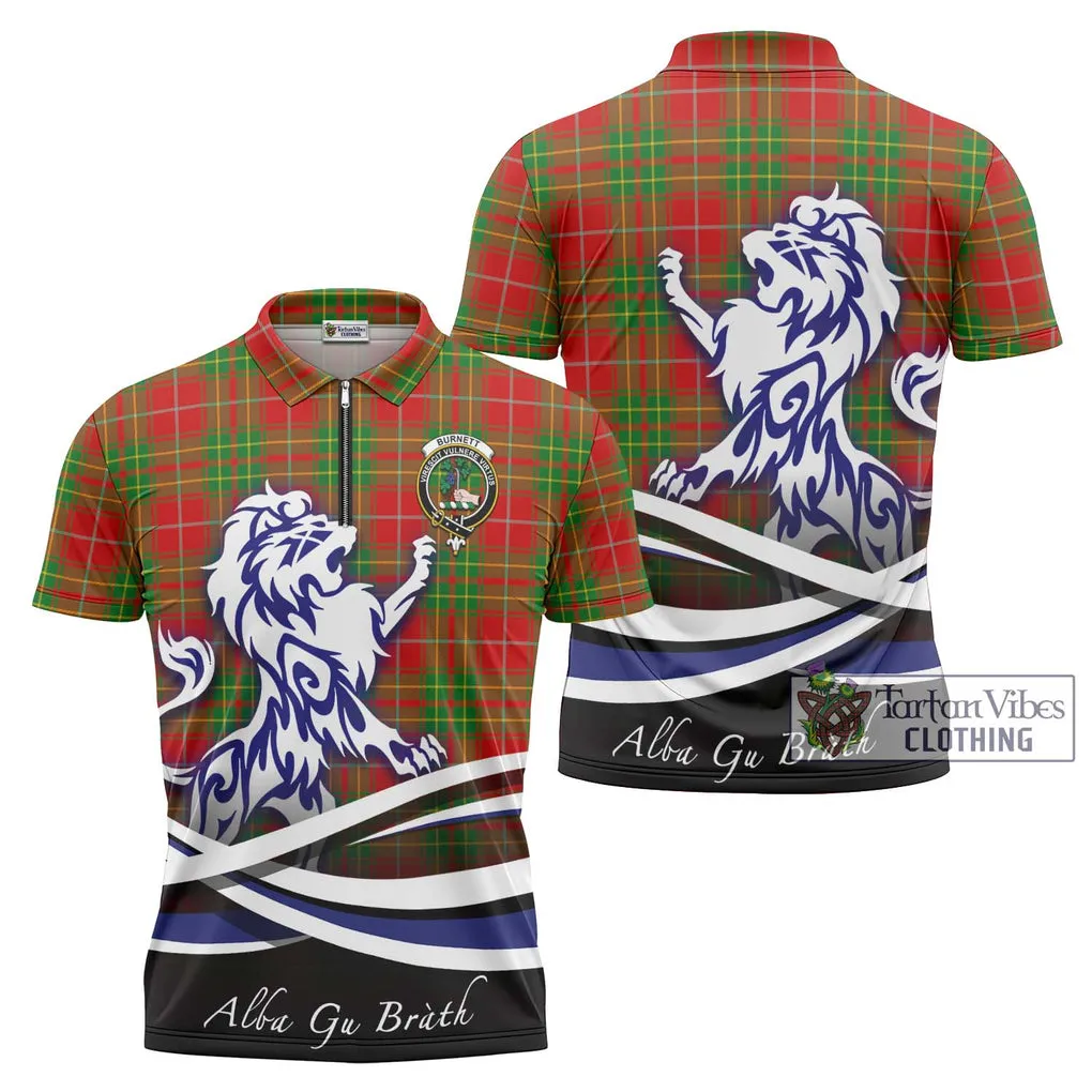 Burnett Tartan Zipper Polo Shirt with Alba Gu Brath Regal Lion Emblem