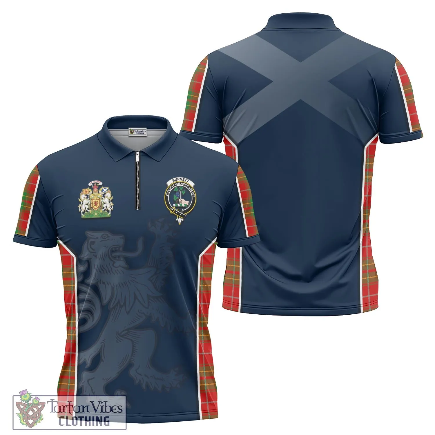 Burnett Tartan Zipper Polo Shirt with Family Crest and Lion Rampant Vibes Sport Style