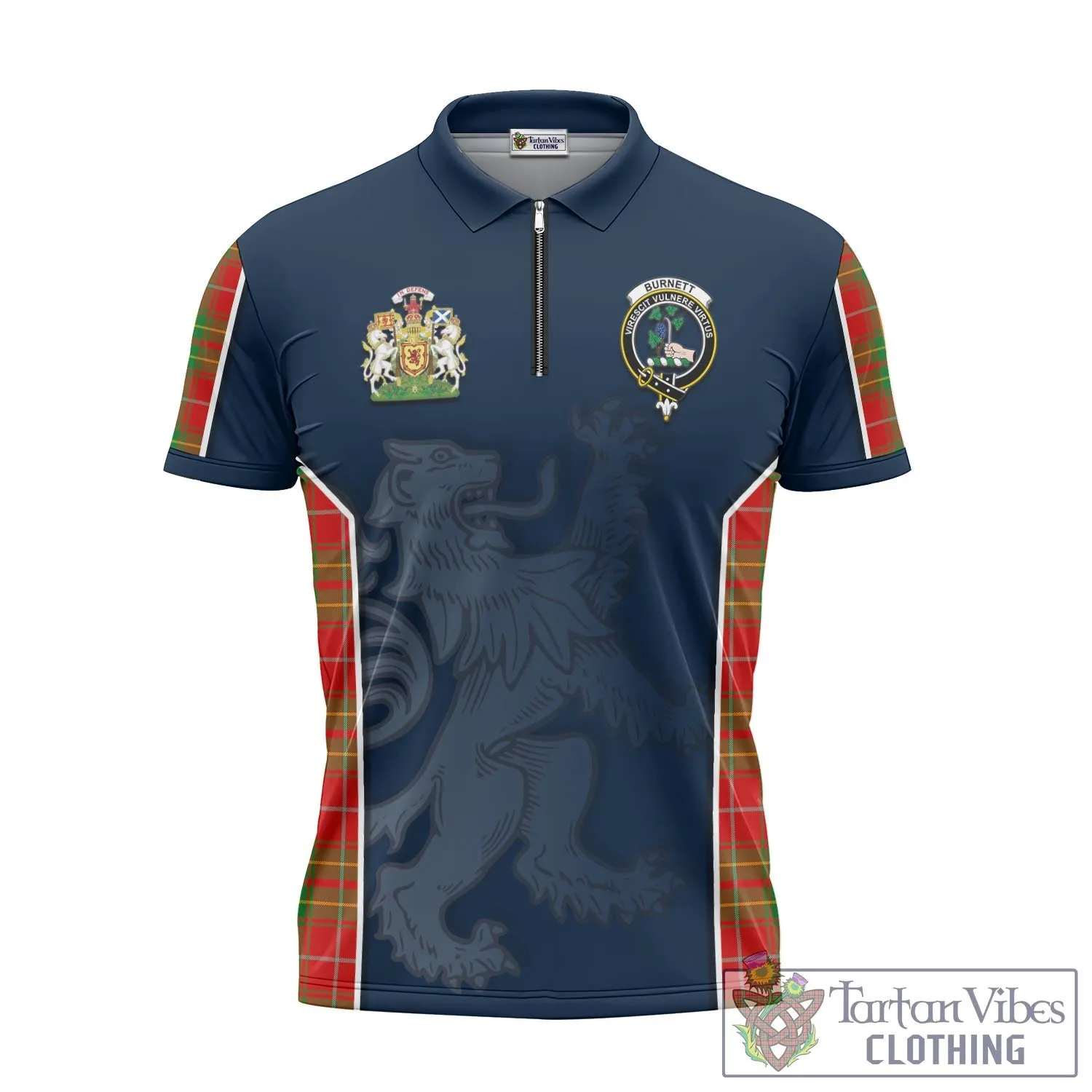 Burnett Tartan Zipper Polo Shirt with Family Crest and Lion Rampant Vibes Sport Style