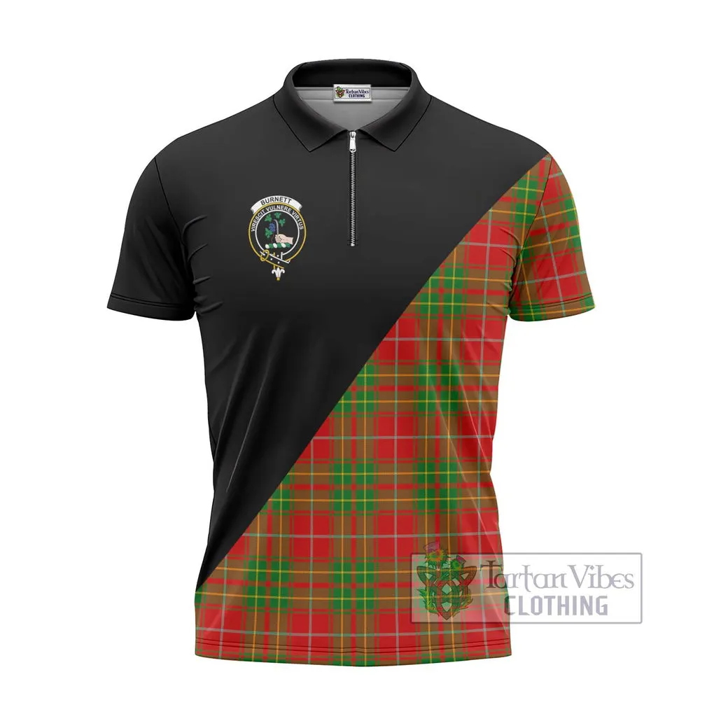 Burnett Tartan Zipper Polo Shirt with Family Crest and Military Logo Style