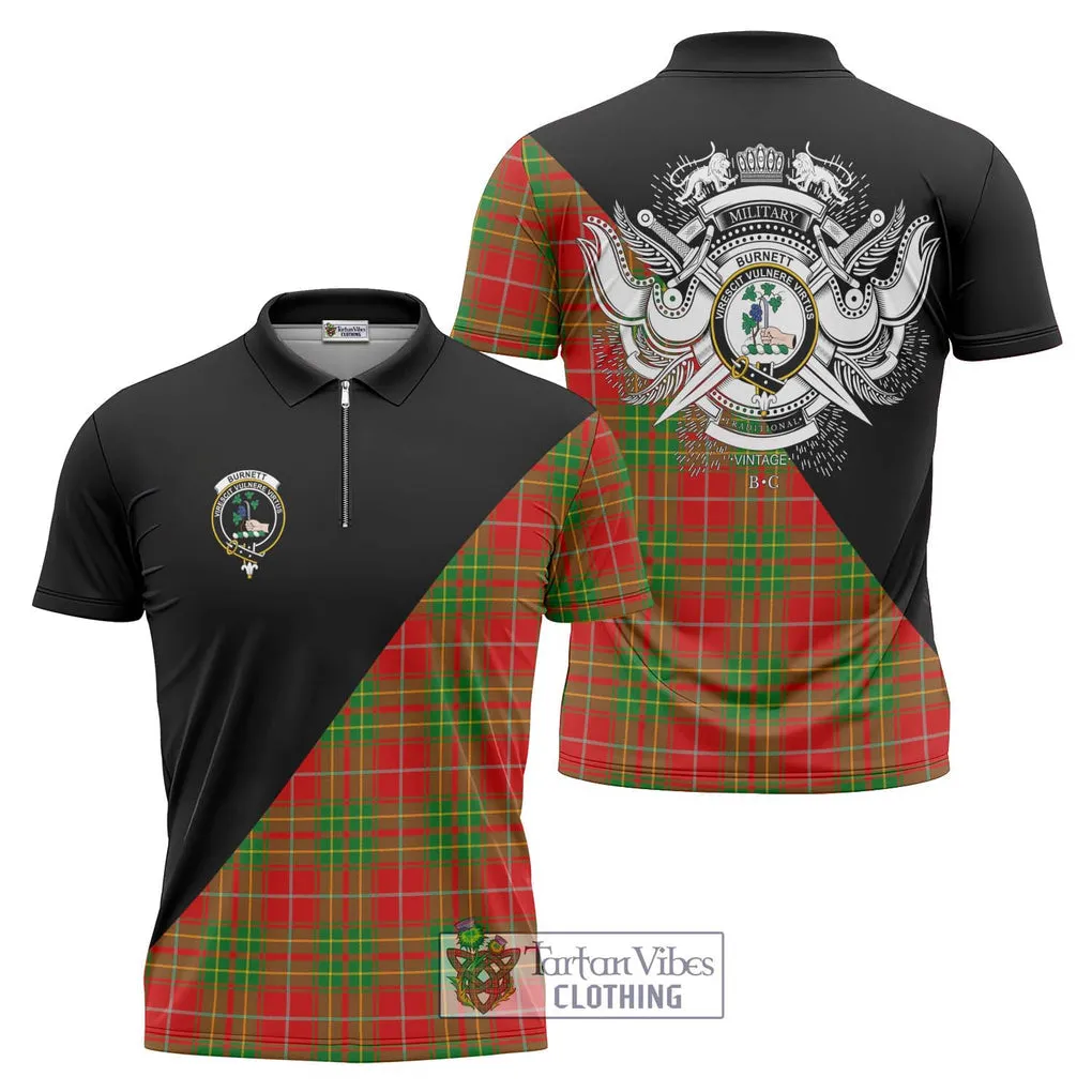 Burnett Tartan Zipper Polo Shirt with Family Crest and Military Logo Style