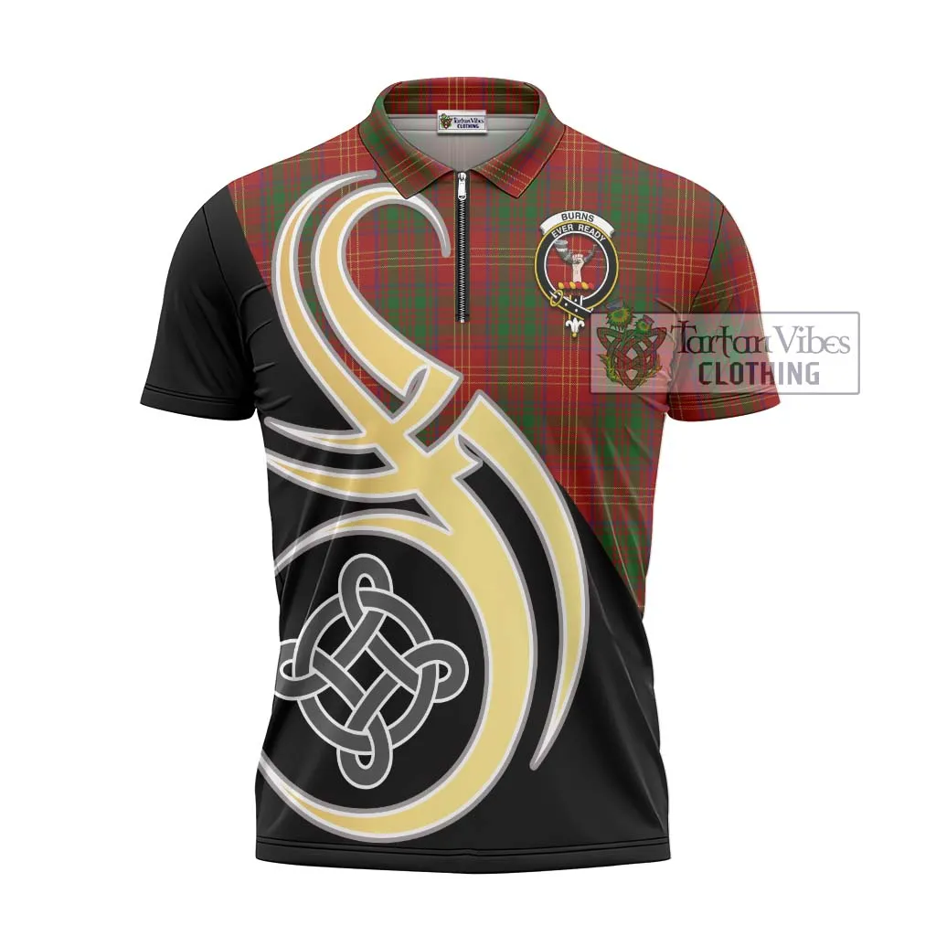 Burns Tartan Zipper Polo Shirt with Family Crest and Celtic Symbol Style