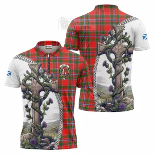 Butter Tartan Zipper Polo Shirt with Family Crest and St. Andrew's Cross Accented by Thistle Vines