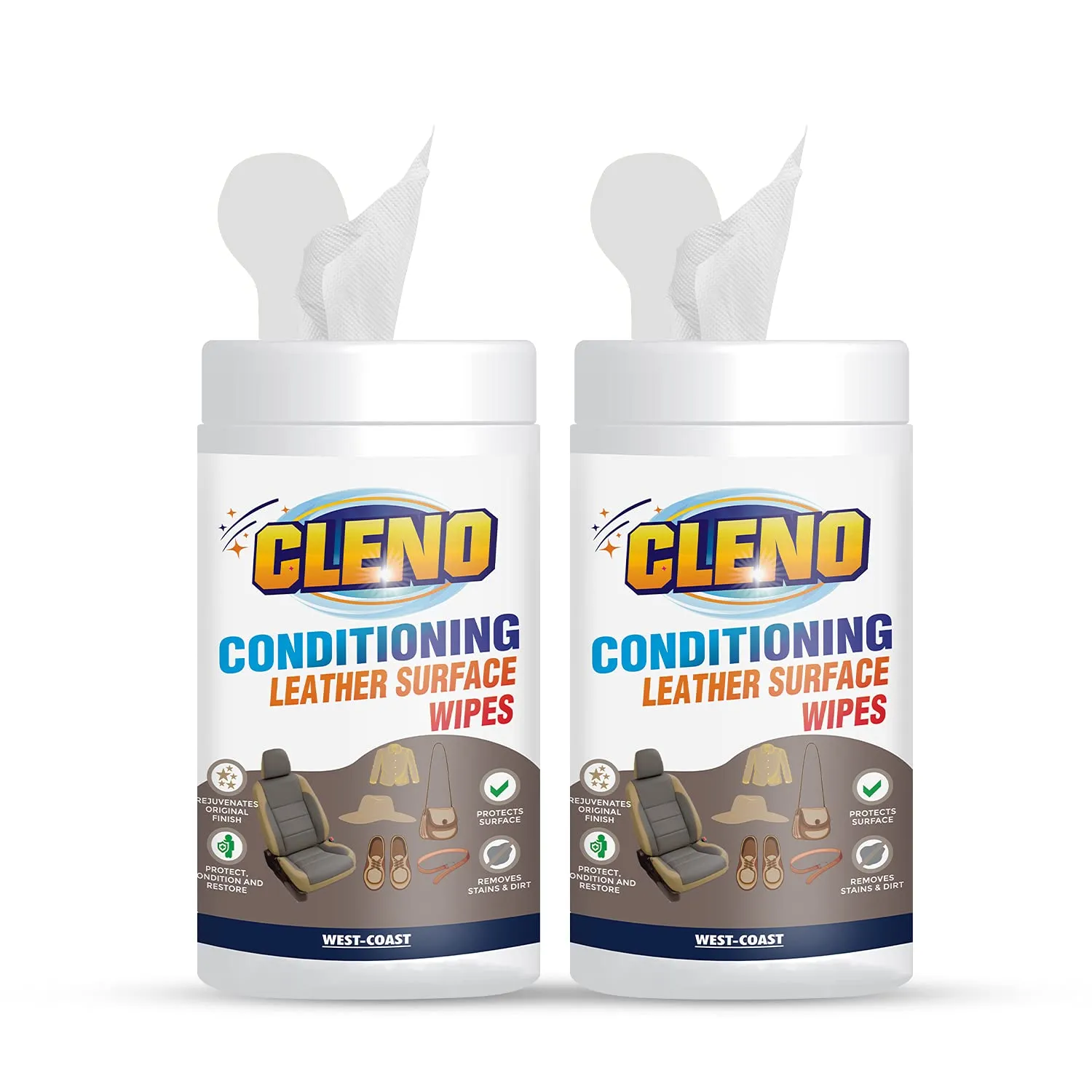 Cleno Conditioning Leather Surface Wet Wipes for Sofas, Bags, Leather Clothes & Interior, Car Seat, Luggage, Briefcases, Shoes, Handbags, Restores Polish and Gives Shine - 50 Wipes (Pack of 2) (Ready to Use)