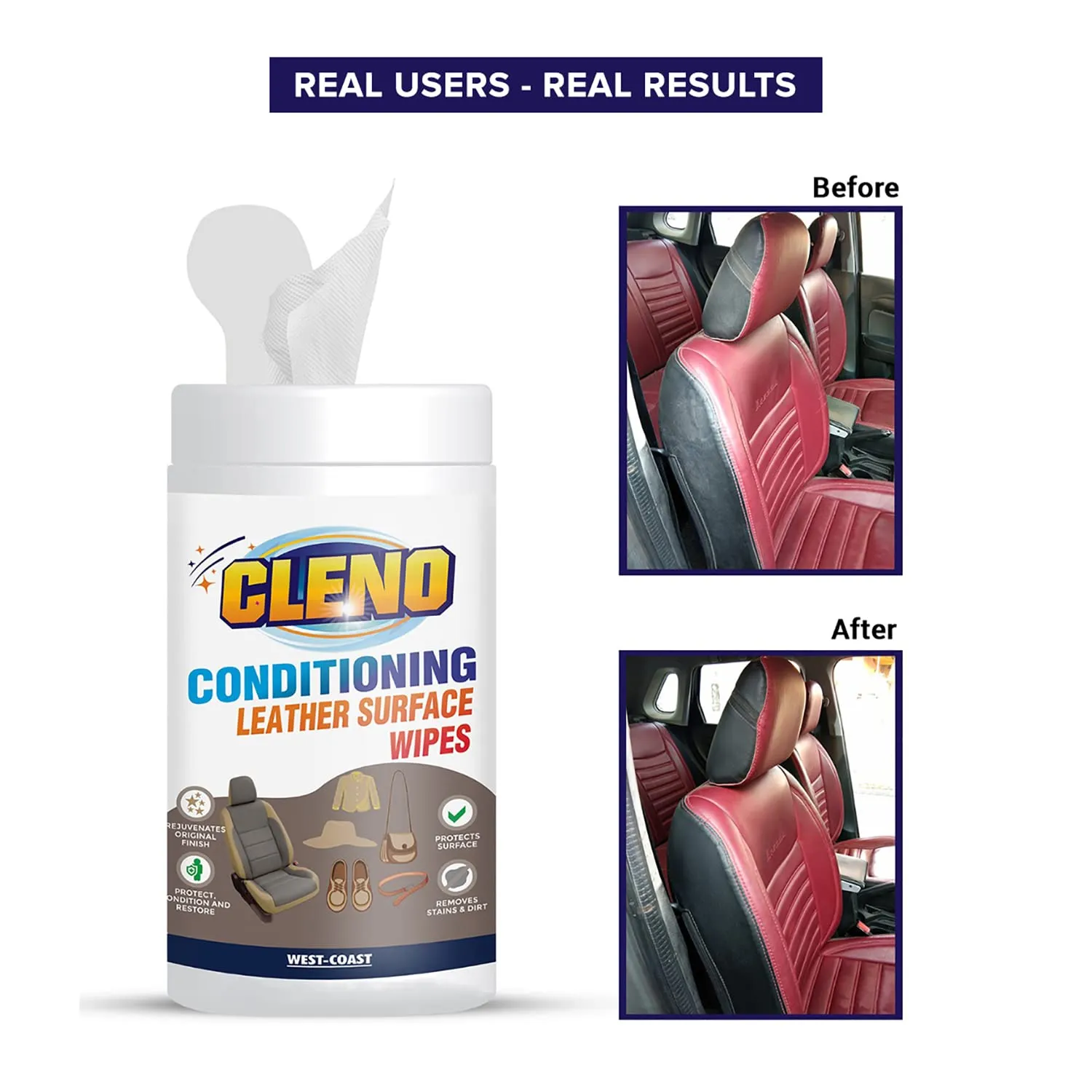 Cleno Conditioning Leather Surface Wet Wipes For Sofas/Bags/Leather Clothes/Car Seat/leather Interior/Luggage/Briefcases/Shoes/Handbags Restores polish & Gives Shine - 50 Wipes (Ready to Use)