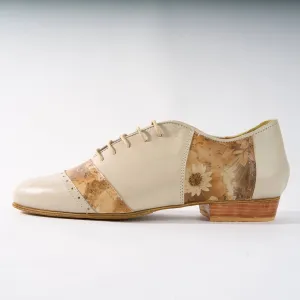 Cream and Tan Floral Leather - Handmade Shoes - Rock 3064