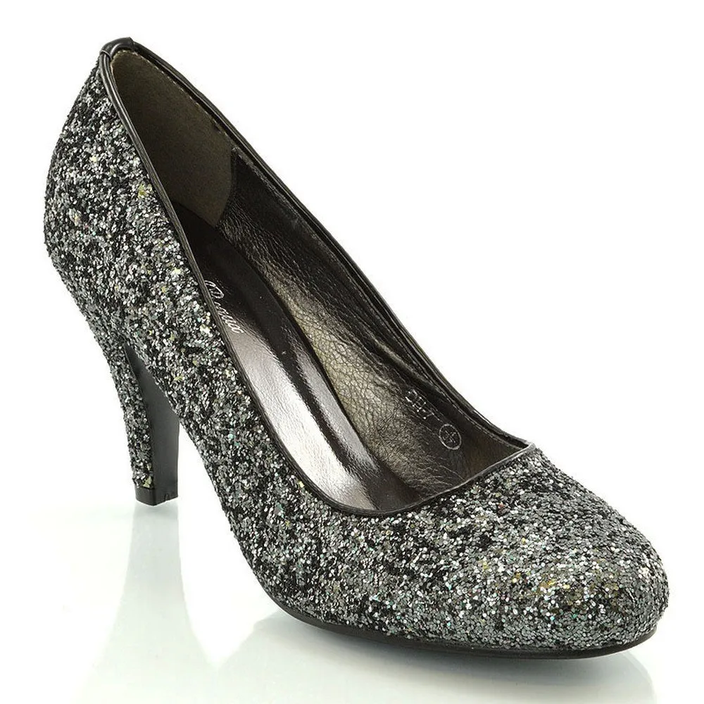 Dafney Pointed Closed Toe mid Stiletto High Heel Slip on Court Shoes in Black Glitter