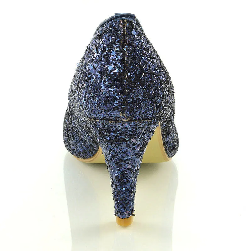 Dafney Pointed Closed Toe mid Stiletto High Heel Slip on Court Shoes in Navy Glitter