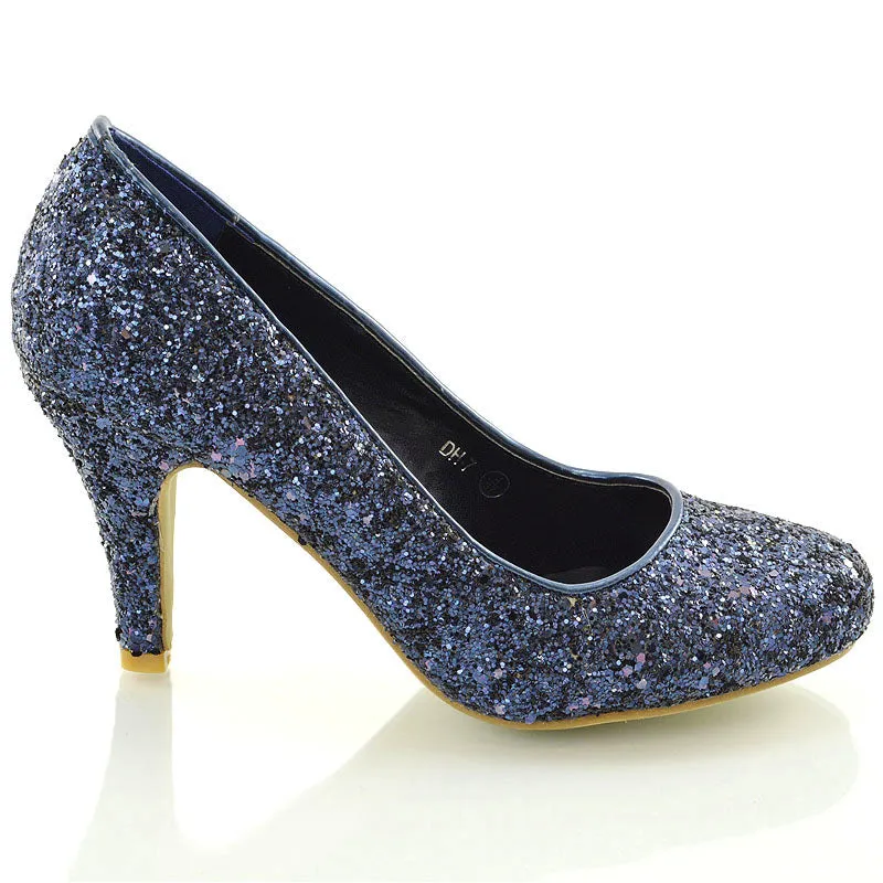 Dafney Pointed Closed Toe mid Stiletto High Heel Slip on Court Shoes in Navy Glitter