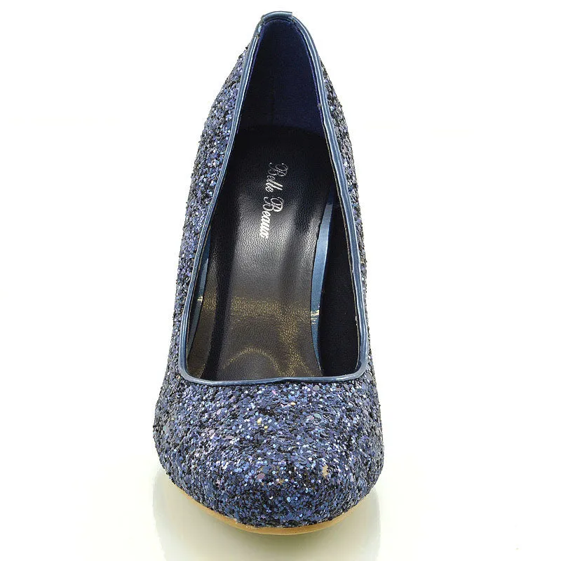 Dafney Pointed Closed Toe mid Stiletto High Heel Slip on Court Shoes in Navy Glitter