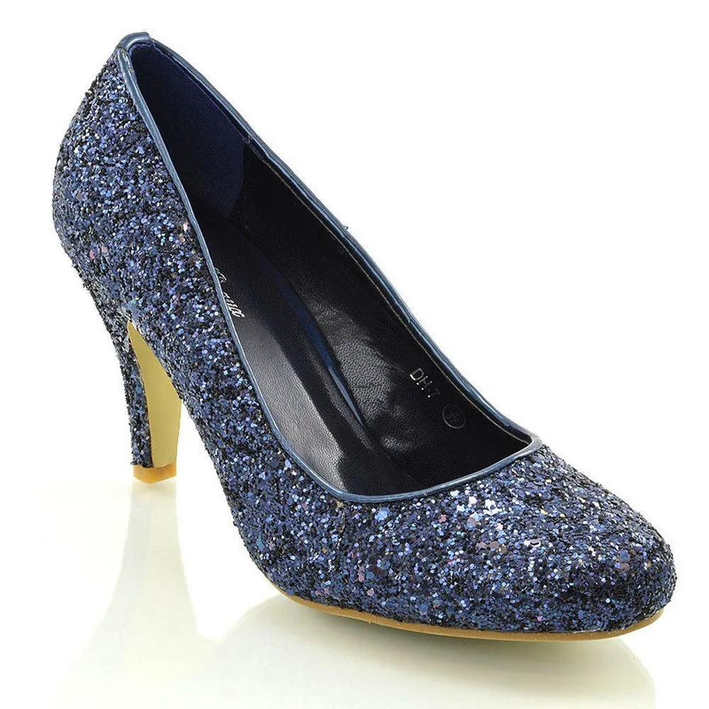 Dafney Pointed Closed Toe mid Stiletto High Heel Slip on Court Shoes in Navy Glitter