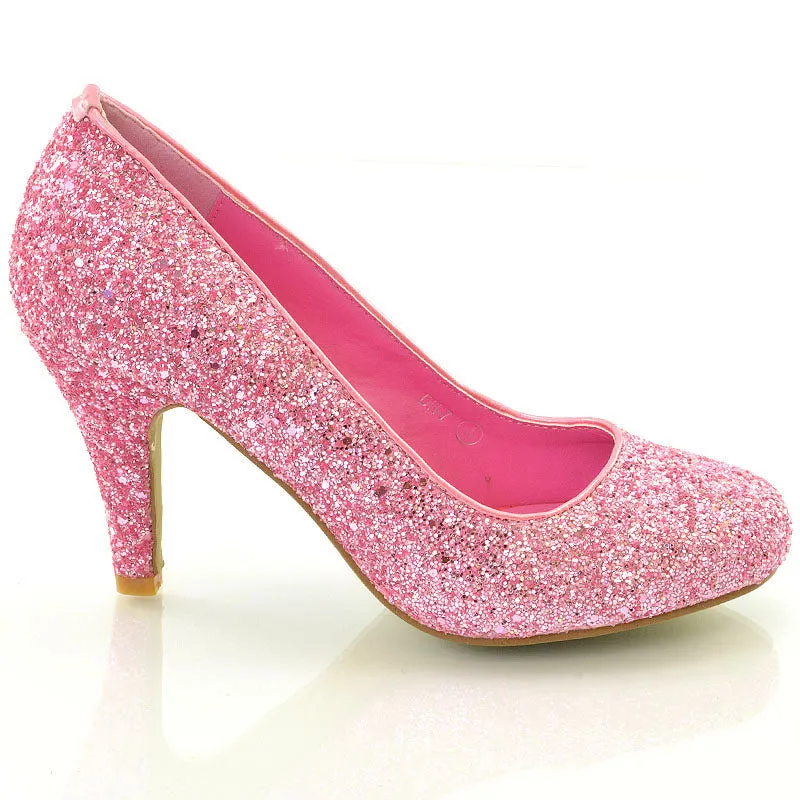 Dafney Pointed Closed Toe mid Stiletto High Heel Slip on Court Shoes in Pink Glitter