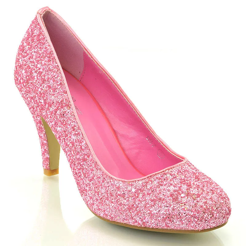 Dafney Pointed Closed Toe mid Stiletto High Heel Slip on Court Shoes in Pink Glitter