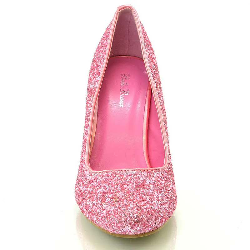 Dafney Pointed Closed Toe mid Stiletto High Heel Slip on Court Shoes in Pink Glitter