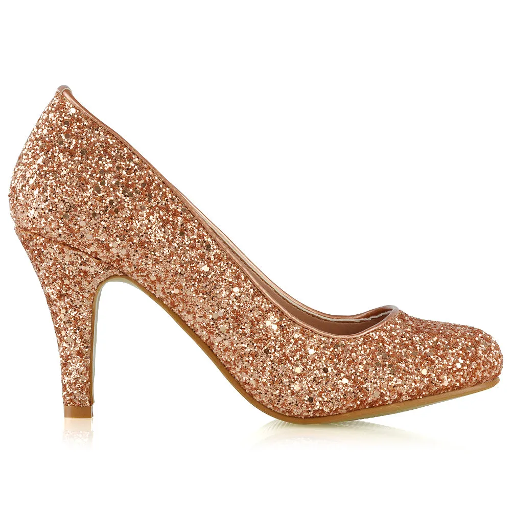 Dafney Pointed Closed Toe mid Stiletto High Heel Slip on Court Shoes in Rose Gold Glitter