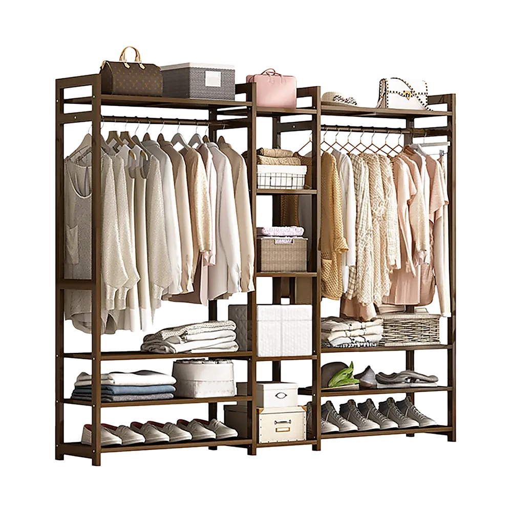 Dark Wood Bamboo Clothes Rack With Storage Drawers