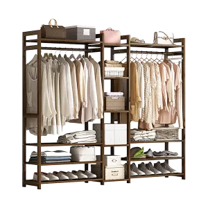 Dark Wood Bamboo Clothes Rack With Storage Drawers