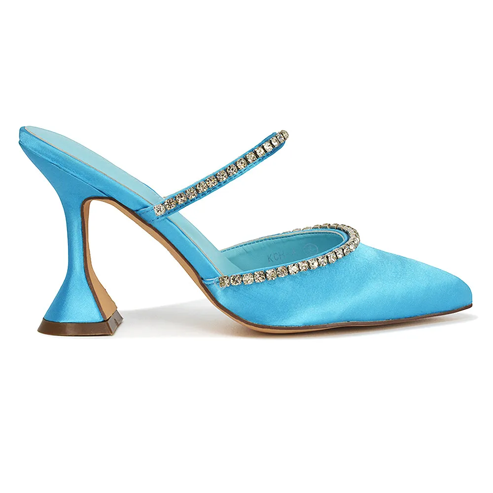 Deena Pointed Toe Diamante Flared High Heel Court Shoe Mule in Blue Satin